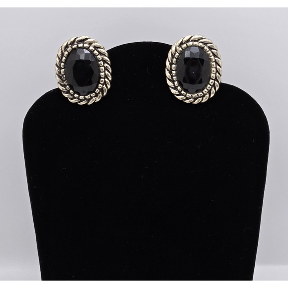 Vintage Earrings Black Oval Lucite Stone Chunky Silvertone Clip On Retro Classic - Picture 1 of 12